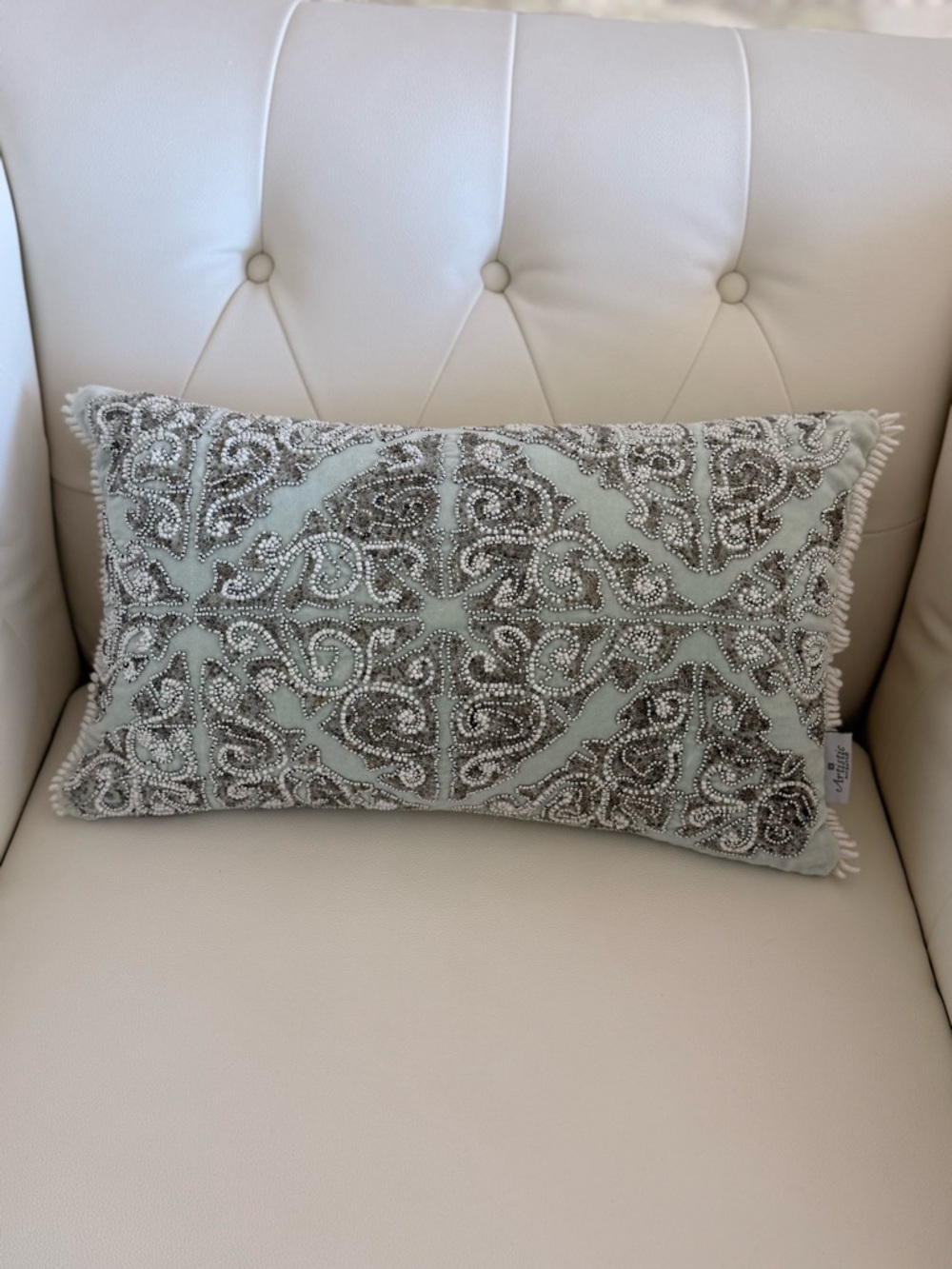 Beaded Embroidered Decorative velvet  Pillow - Mint